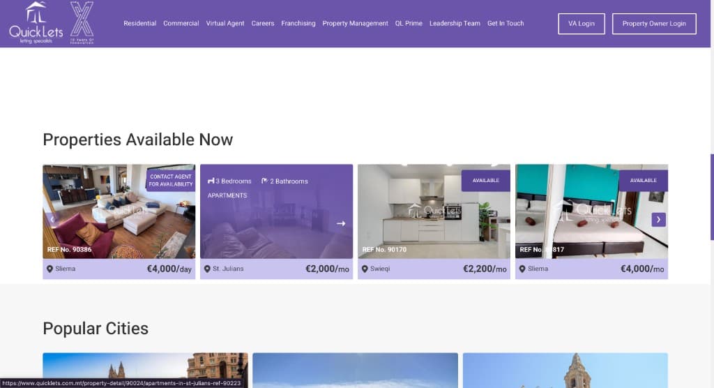 Legacy QuickLets homepage with purple theme and property cards