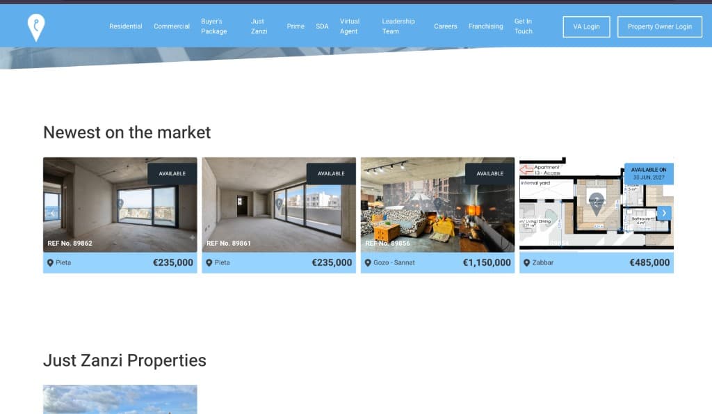 Legacy Zanzi Homes homepage with blue theme and property cards