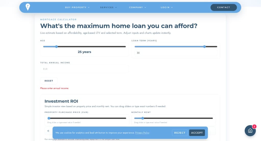 Mortgage calculator with live BOV rates and Investment ROI